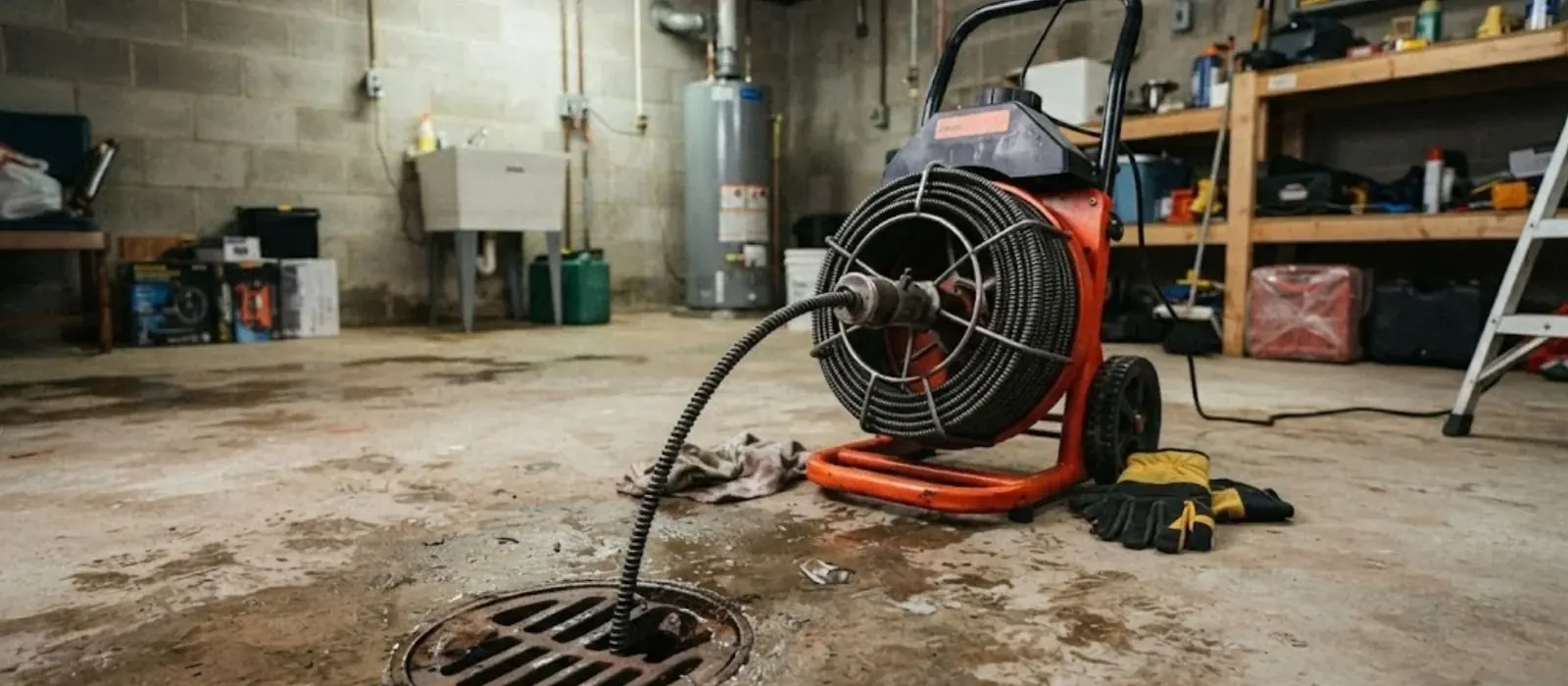 Drain cleaning machine with a cable reel set up beside a floor drain in a garage