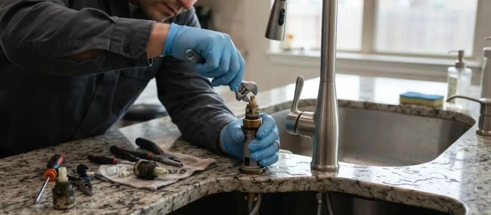 Plumber replacing a faucet valve at a granite kitchen counter with tools laid out
