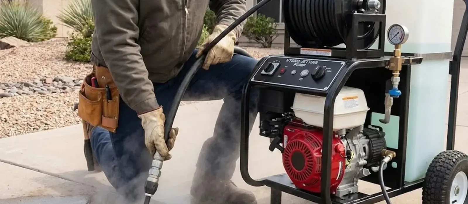 Plumber guiding a hydro jetting hose from a trailer-mounted jetter on a driveway