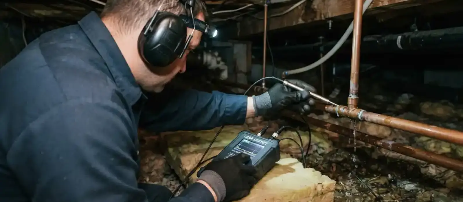 Plumber wearing ear protection using an electronic listening device on pipes in a crawlspace