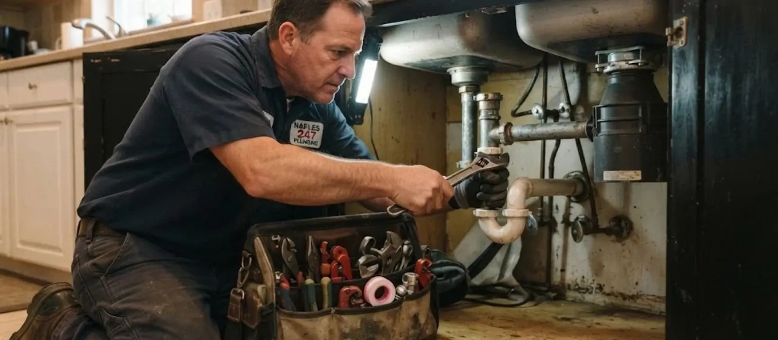 Plumber under a kitchen sink with a tool bag open beside a garbage disposal