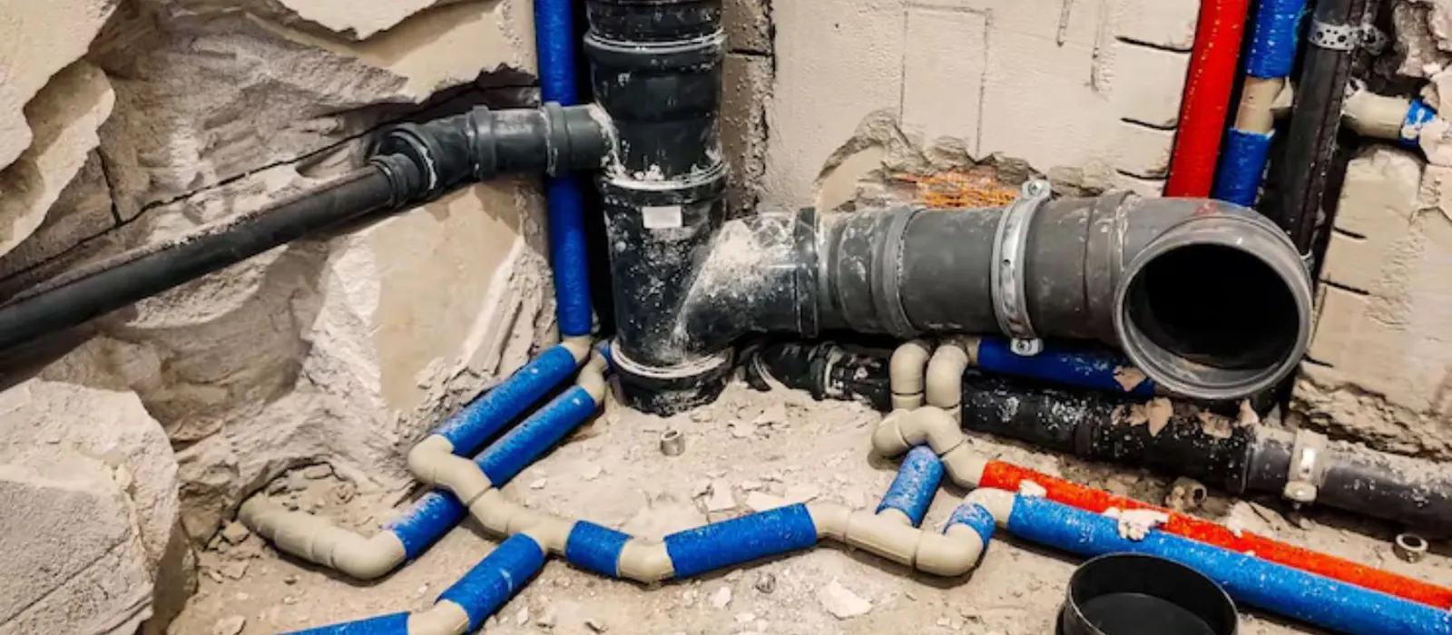 Exposed drain and supply piping with color-coded PEX lines set in a rock-faced wall