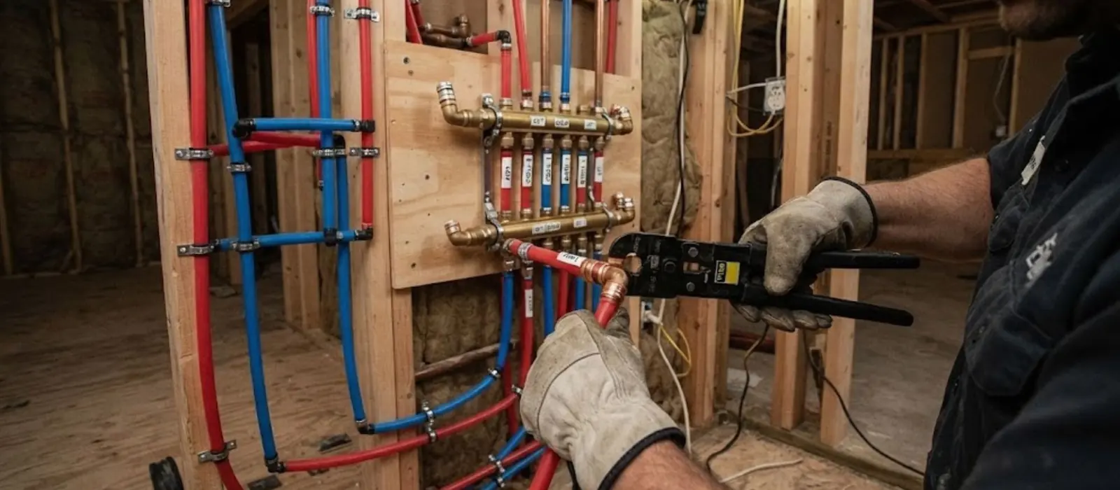 Plumber crimping PEX tubing at a manifold inside an open wall during an installation