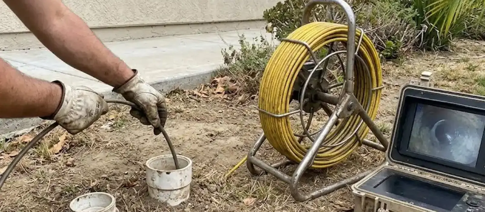Sewer inspection camera reel and monitor beside a yard cleanout