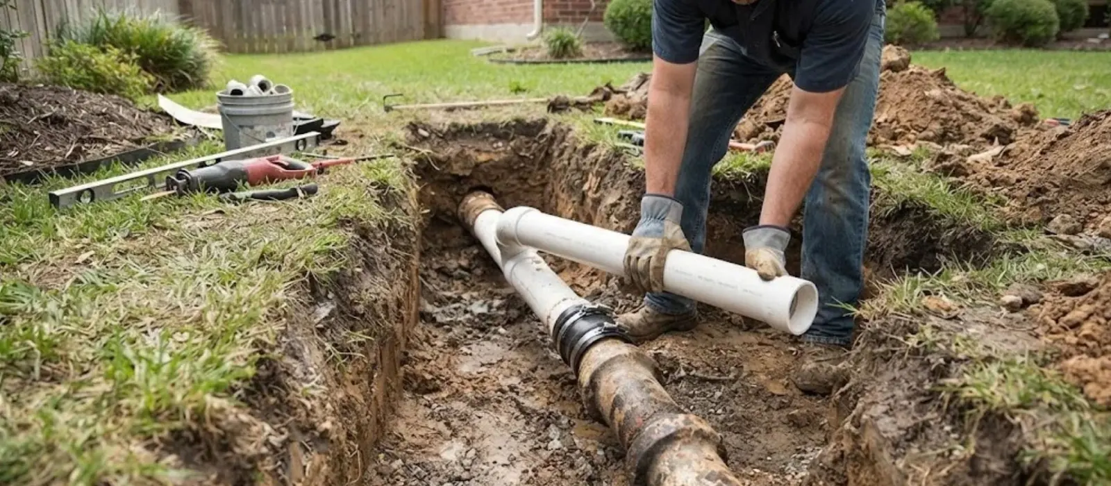 Open trench in a yard with a new white sewer pipe section being joined to the old line