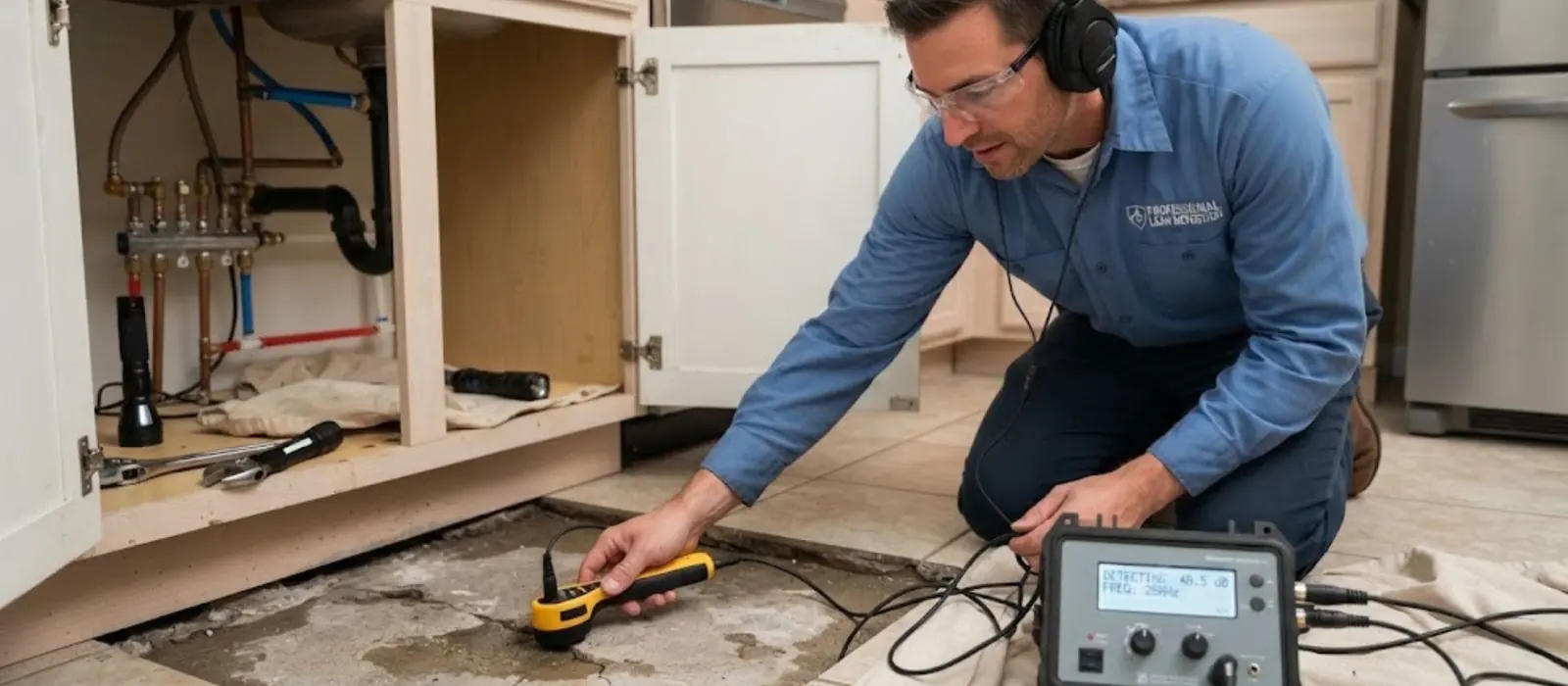 Technician with headphones using a leak detector on a kitchen floor beside open cabinets