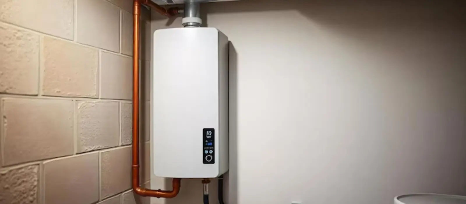 Wall-mounted tankless water heater with copper connections on a utility wall