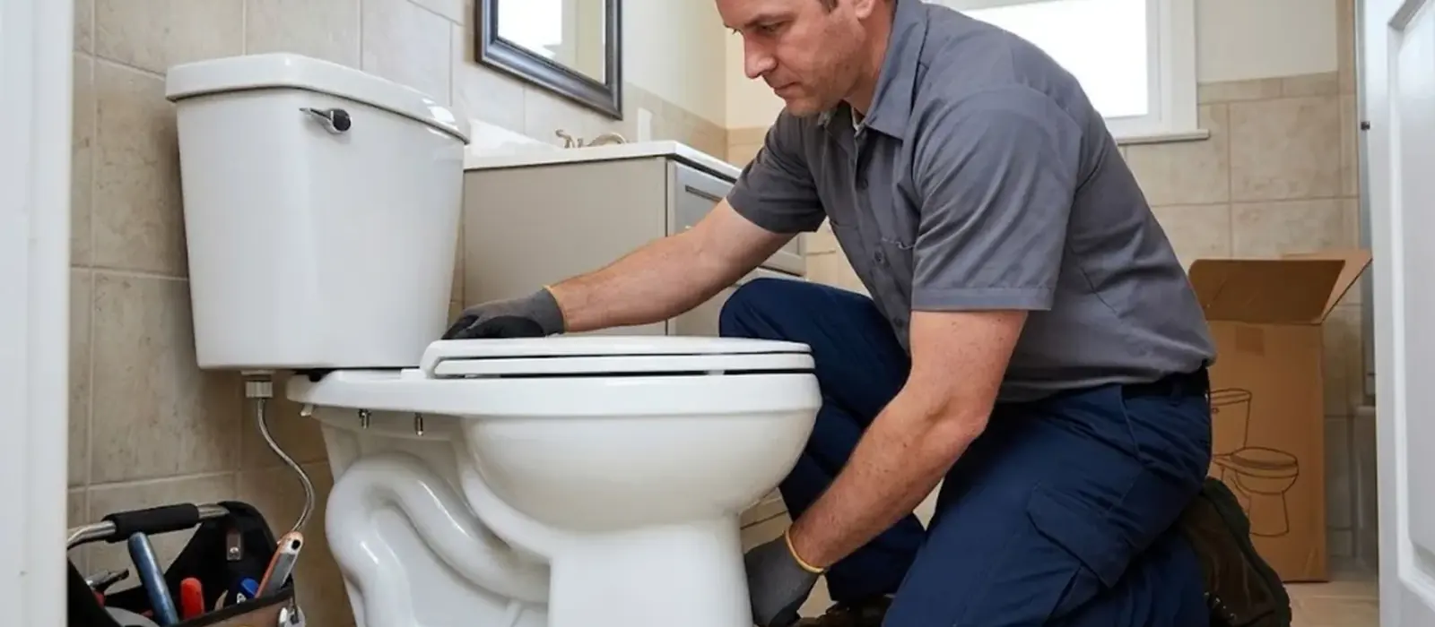 Plumber kneeling beside a toilet to repair the base in a bathroom