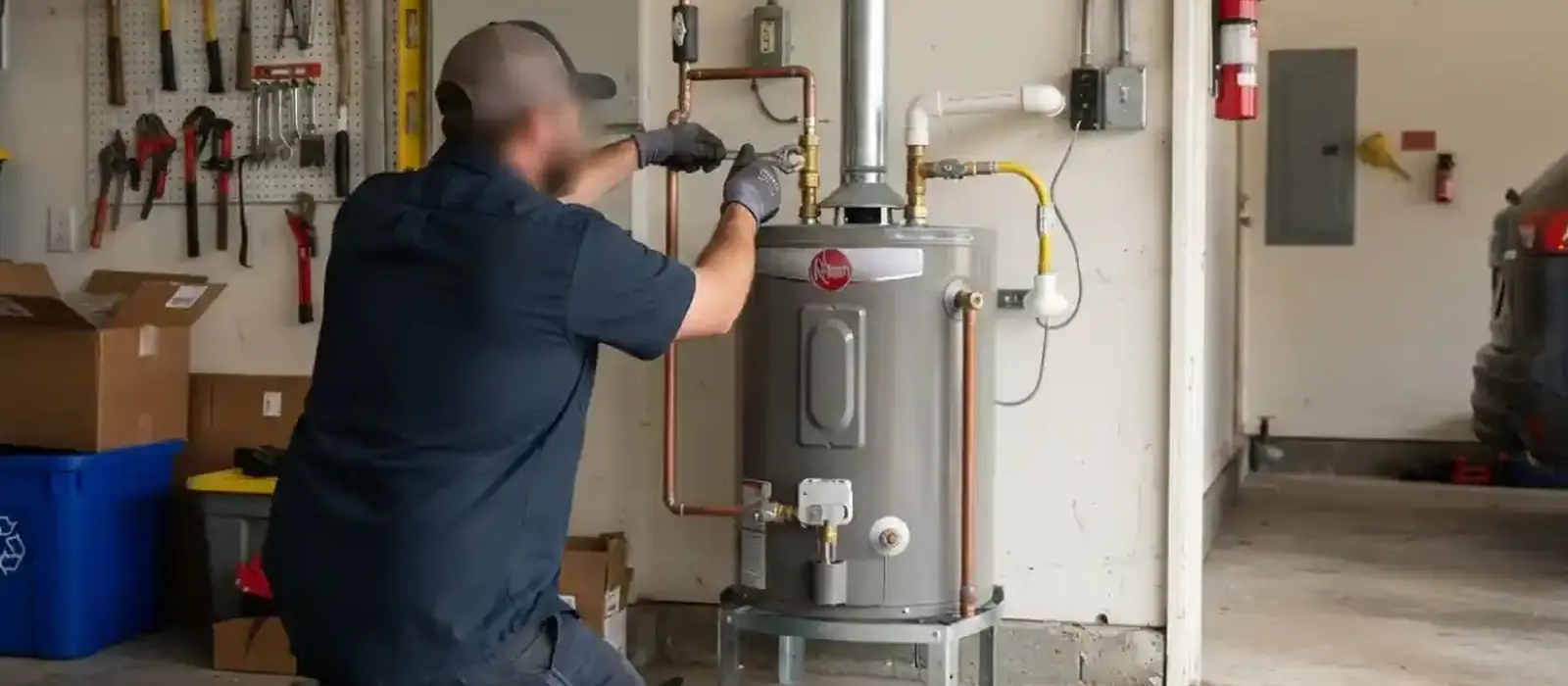 Technician working on a gas water heater in a garage utility area