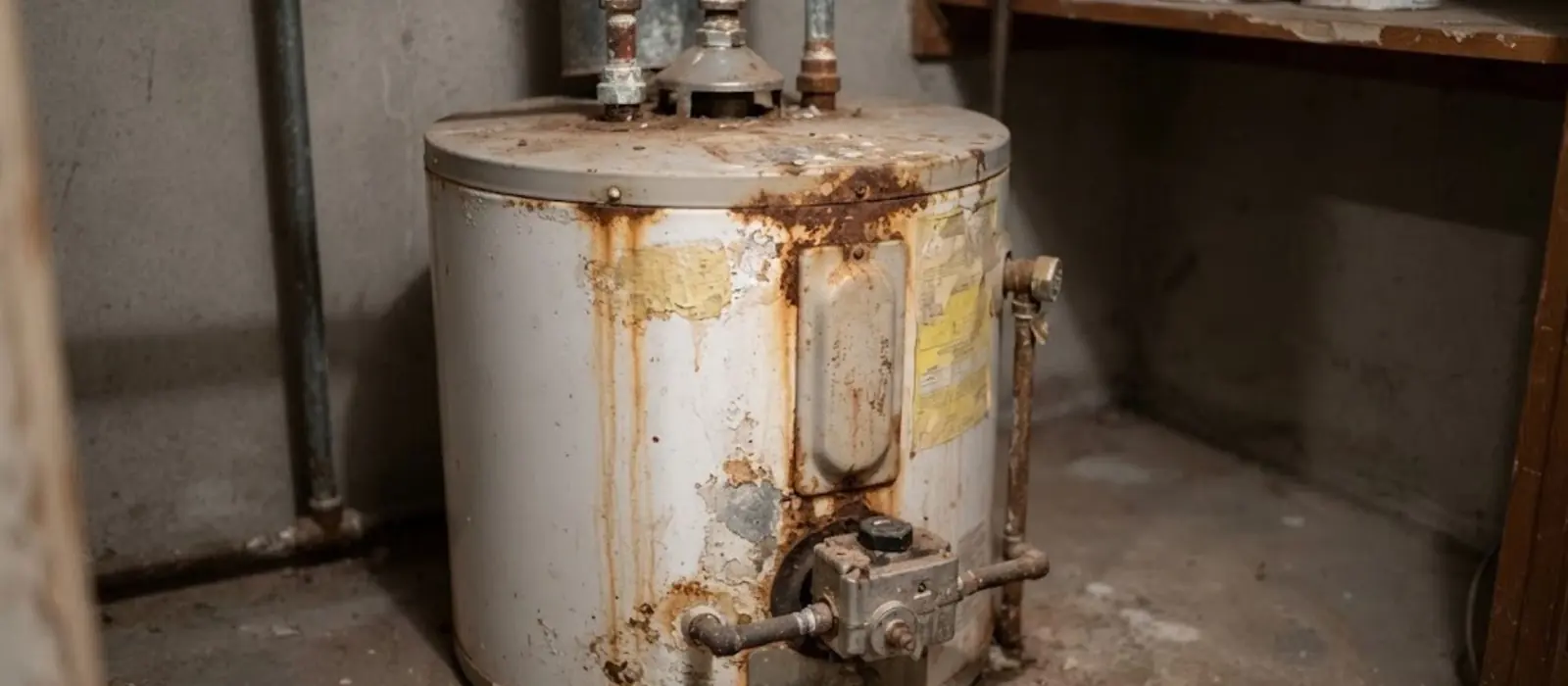 Corroded old water heater tank with rust around the base and fittings before replacement