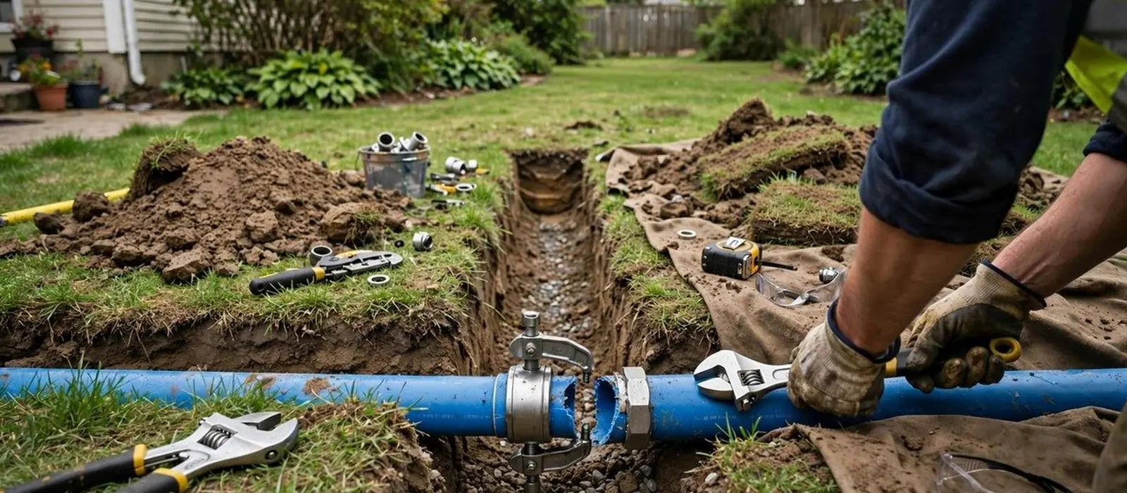 Trench in a yard exposing a blue water service line with a wrench at the fitting