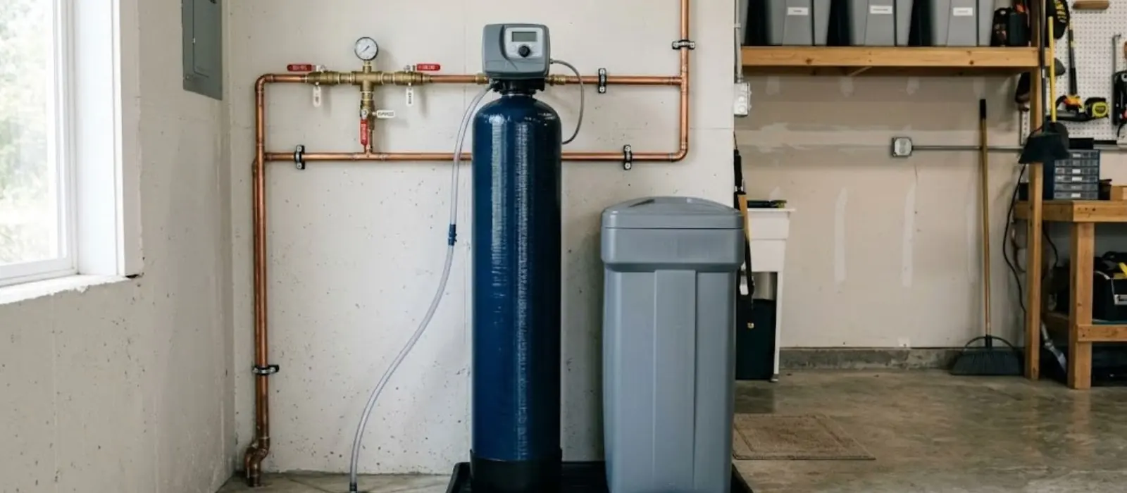 Blue water softener tank and brine tank in a garage utility area with copper plumbing